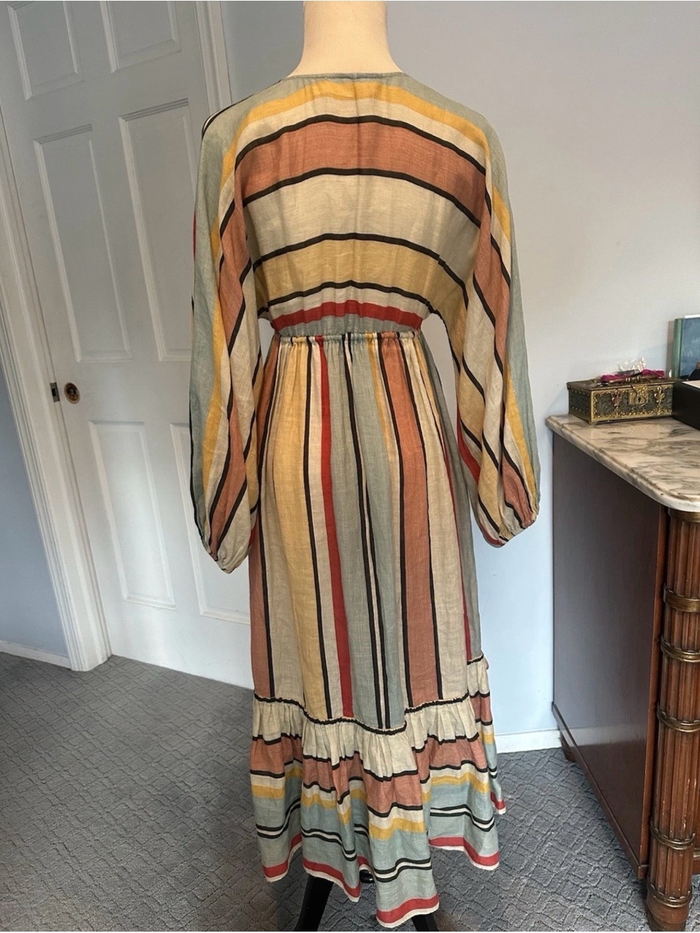 Zimmermann Striped V-Neck Midi Dress in Cream, Pink, Blue, Yellow, Red - Picture 3 of 5